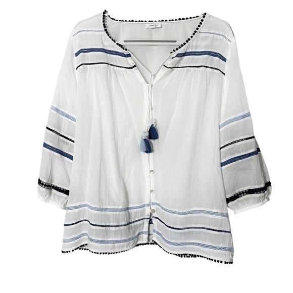 J.Jill White Gauze Shirt Top Pom Pom Tassels - Picture 2 of 7
